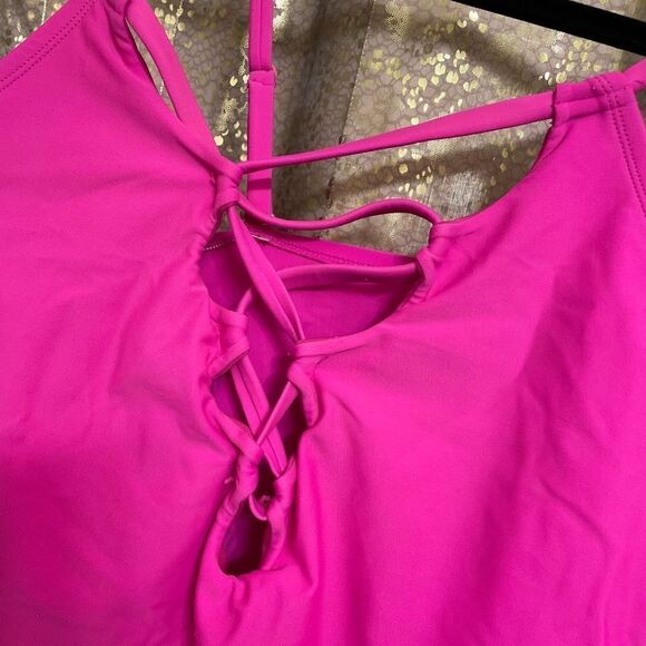 Forever 21 Neon Hot Pink Lace Up Front One Piece Swimsuit, XL - Picture 3 of 4